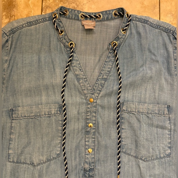 NWOT Chico's Chambray Nautical Denim Chambray Long Sleeve V-Neck Top Women’s XL - Picture 8 of 10